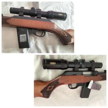 Vendo rifle  Marlin Camp semiautomatico, 45 ACP.
Utiliza cargadores 1911 monohilera.
Con visor de batida 02