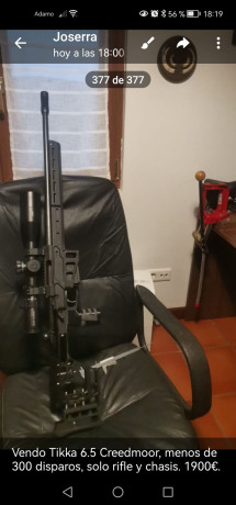 Vendo Tikka 6.5 Creedmoor menos de 300 disparos, solo rifle y chasis .
Precio 1.900 €.
Estudiaría cambios 00