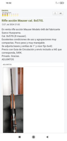 En venta rifle acción Mauser Husq.
Cal. 8x57IS (8 mauser). 
En excelentes condiciones de uso, poco peso 140