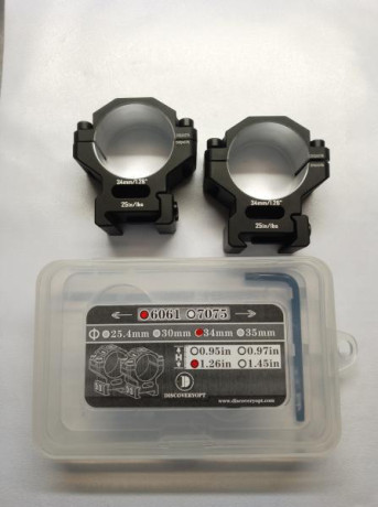 De visor de 34 mm:
 - Anillas Discovery 34 mm picatinny aluminio 6061 medias: 29€

De visor de 30 mm:
 02