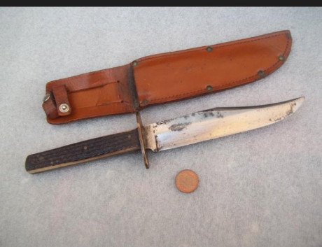  11.jpg  12.jpg  13.jpg Antiguo cuchillo de caza tipo Bowie 26 centímetros,mango de asta de ciervo, enterizo, 02