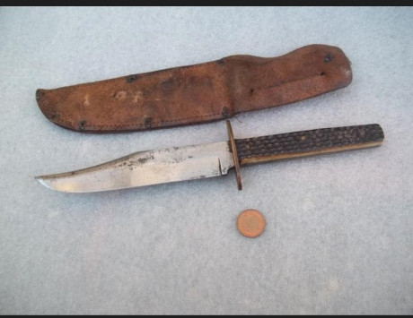  11.jpg  12.jpg  13.jpg Antiguo cuchillo de caza tipo Bowie 26 centímetros,mango de asta de ciervo, enterizo, 01