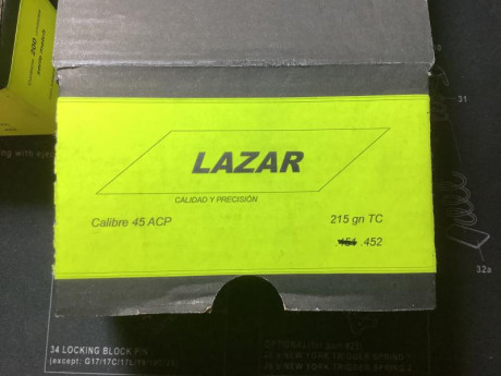 Se venden dos cajas de puntas del .45 ACP lazar troncocónicas de 215 gn, cada caja tiene 200 el precio 02