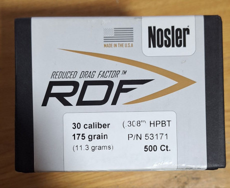 Se venden caja sin abrir de 500 puntas NOSLER RDF 175 gr Cal.30.
PRECIO 380€ más envío 00