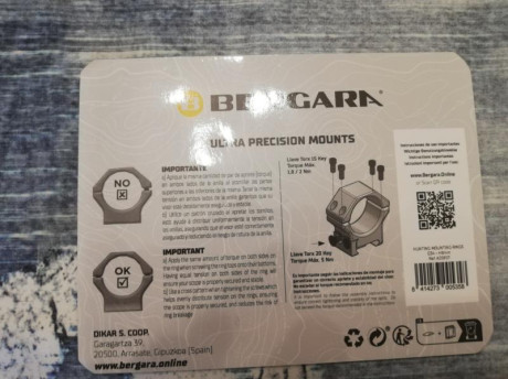 Se venden monturas de precisión Bergara modelo H8 para visores de 34mm de tubo, nuevas a estrenar. Se 01