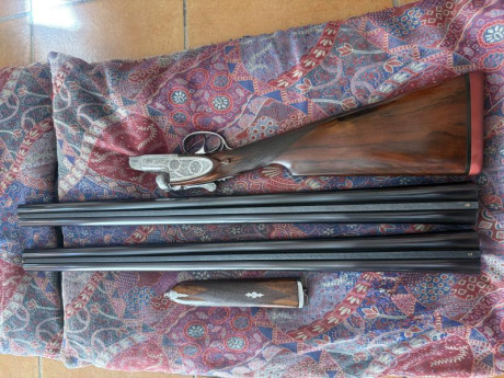 Escopeta Aguirre y Aranzabal, modelo 56, dos cañones 4y3 y 3y1, cañones de 70cm, culata a gatillo 37cm, 01