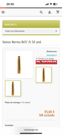 Se venden vainas del calibre 8x57js con un solo tiro efectuado con fusil de cerrojo Kar 98 k (por lo tanto 10