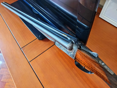 Paralela de caza Aya modelo XXV BL . ( media pletina), 
dos gatillos,  cañón de 63,5 centímetros con solista 11