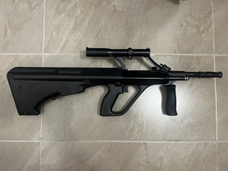 Buenas noches, muy a mi pesar pongo a la venta steyr AUG con cañón corto, cal 222r. Se vende con cargadores 02