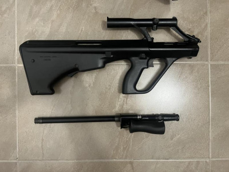Buenas noches, muy a mi pesar pongo a la venta steyr AUG con cañón corto, cal 222r. Se vende con cargadores 00