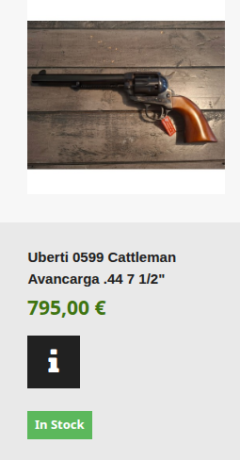 Busco comprar un UBERTI CATTLEMAN .44 AVANCARGA guiada por licencia  AE. 

Longitud del cañón: 4.75 pulgadas.

Contáctame 30