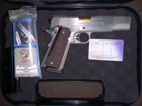 Vendo pistola Infinity de 9 mm parabellum, en perfecto estado. Tiene cañon de 5 y 1/4 pulgadas, imagino 00