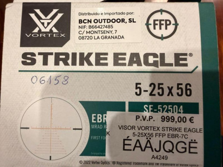 Buenas tardes,

pongo a la venta este fantástico visor VORTEX STRIKE EAGLE 5x25x56 FFP, solo usado en 00