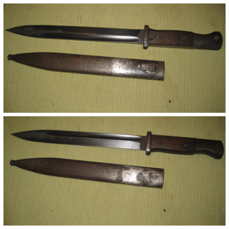 Bayoneta K98 del año 36, con sus números coincidentes 894 P y S/244, marcajes de la época, con mango de 02