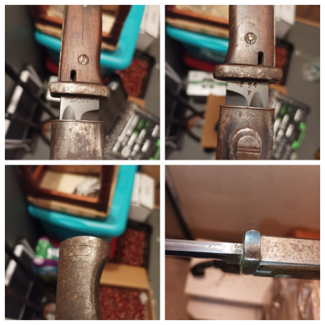 Bayoneta K98 del año 36, con sus números coincidentes 894 P y S/244, marcajes de la época, con mango de 10