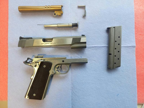 Vendo pistola Infinity de 9 mm parabellum, en perfecto estado. Tiene cañon de 5 y 1/4 pulgadas, imagino 40