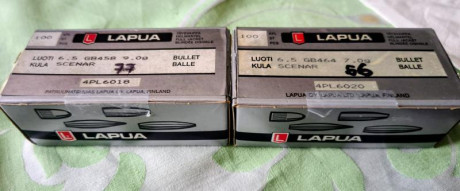 Vendo:
1.- 192 vainas Norma calibre 6,5x55. Recargadas algunas 4 veces y otras 5, precio 40€
2.- 56 puntas 01