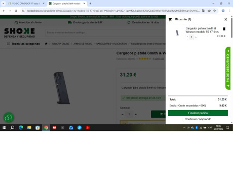 Vendo cargador S&W de 17 balas 9 mm Pb. para pistolas de la serie 5900 - 910 - 915 y 659. Está nuevo, 110