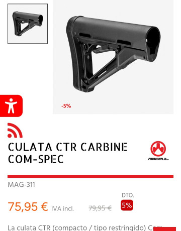 Vendo esta culata Magpul sin usar, en perfecto estado con la caja.
La compré por error, la necesito Mil 00