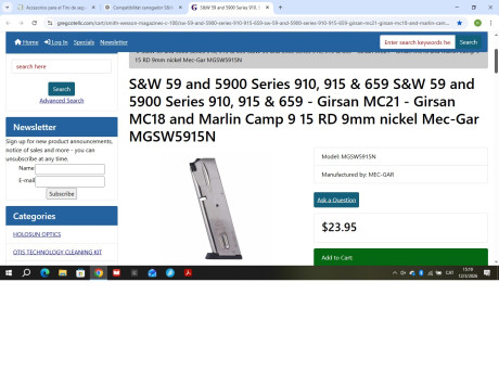 Vendo cargador S&W de 17 balas 9 mm Pb. para pistolas de la serie 5900 - 910 - 915 y 659. Está nuevo, 130