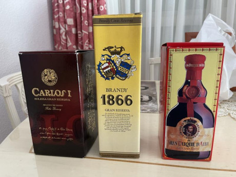Vendo 3 botellas de Brandi.
1 Larios 1866 
1 Carlos I
1 Gran Duque de Alba
Las 3 completamente precintadas 01