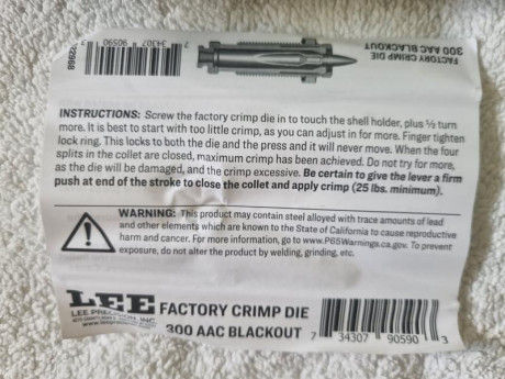 Se vende die LEE FACTORY CRIMP del calibre 300 AAC BLACKOUT nuevo. Precio 20 euros mas porte. Tlf.607609326. 00