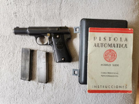 Buenos días,

Vendo Astra 3000 semiautomática, 9 mm corto, en buen estado. Tiene muy poco uso.

Precio: 01