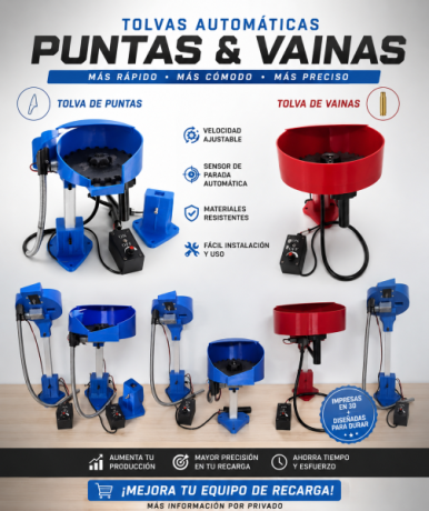 Alimentadores de puntas y vainas
Capacidad para unas 300 vainas y 150 puntas
Velocidad regulable y sensor 00